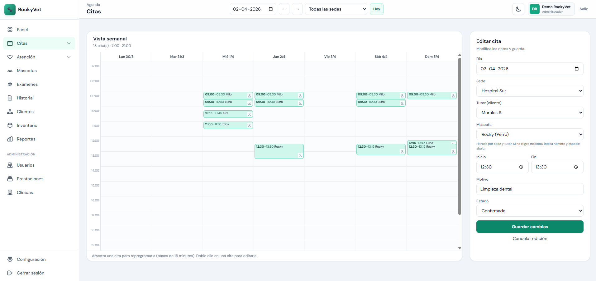 Panel principal de RockyVet en modo claro