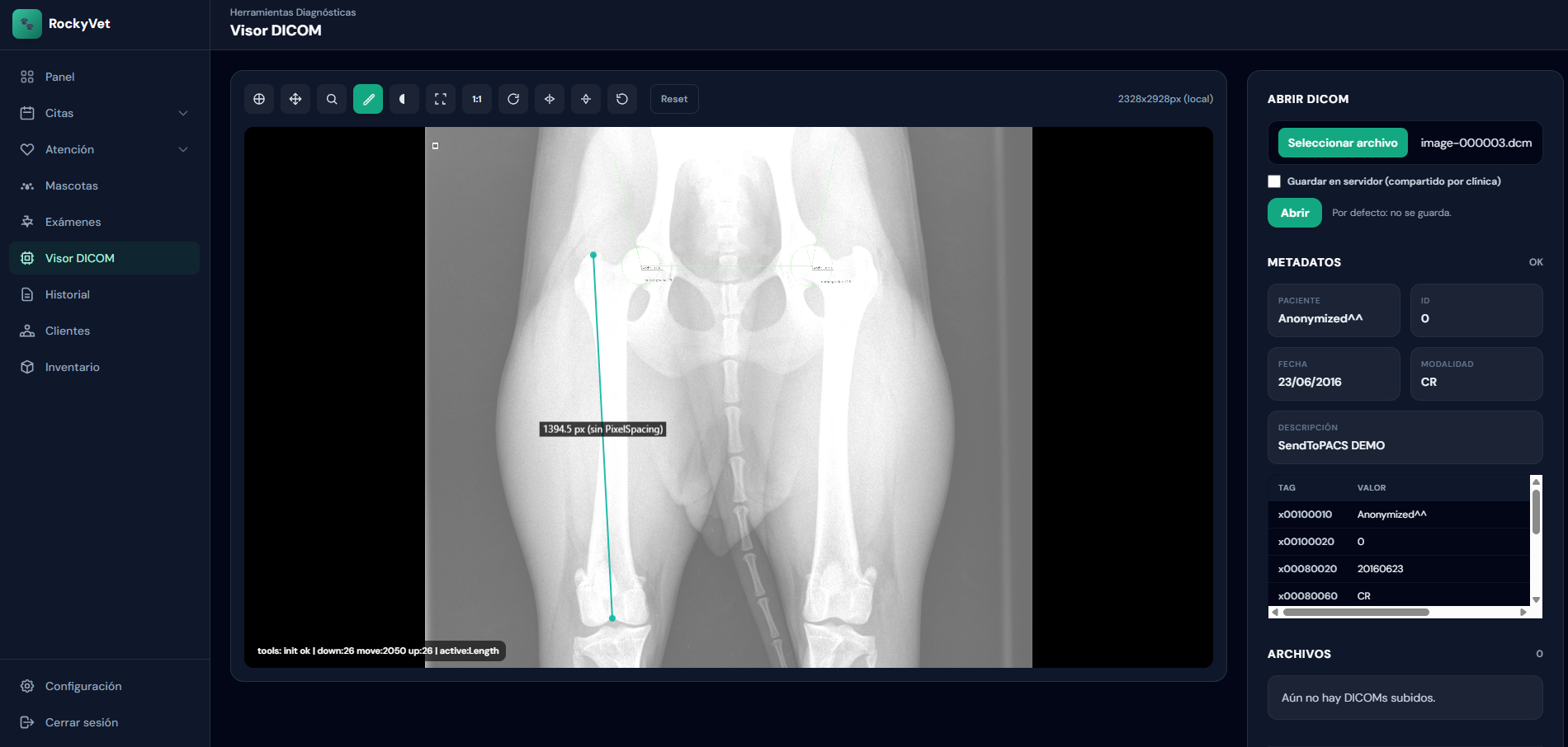 Visor DICOM RockyVet — interfaz modo oscuro