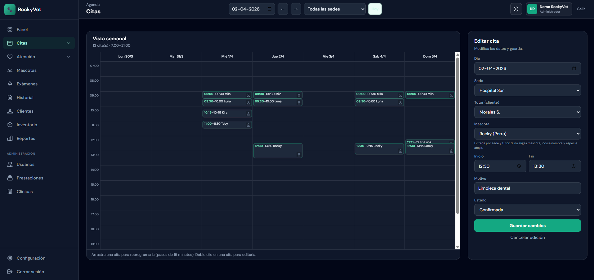Panel principal de RockyVet en modo oscuro